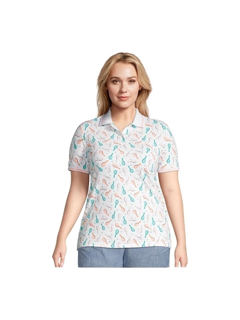 Lands’ End Supima Cotton Short Sleeve Polo Shirt White Tennis Print Size M